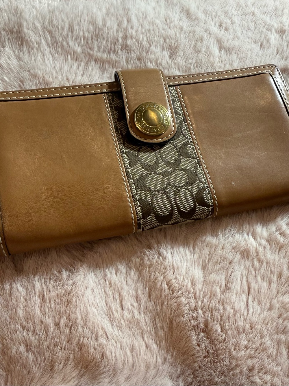 COACH Vintage Signature Canvas Long Wallet Tan Leather Snap Continental